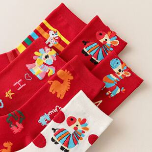 儿童新年红袜春秋新款保暖中筒袜冬季男女童卡通马年红色中筒袜HH