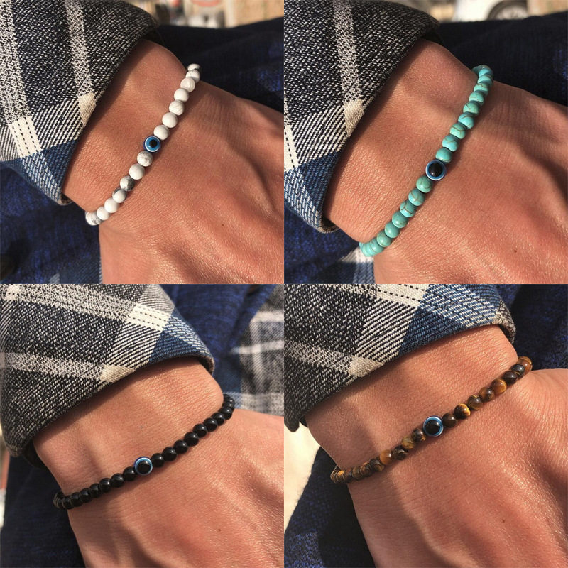新款时尚6mm自然石珠眼睛手链百搭个性恶魔之眼串珠弹力男士手链图片