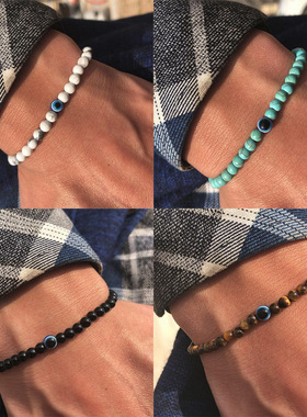 新款时尚6mm自然石珠眼睛手链百搭个性恶魔之眼串珠弹力男士手链