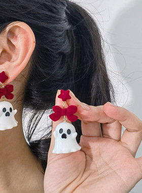 2024新款黑色蝴蝶结幽灵万圣节耳环可爱圣诞节耳钉耳饰