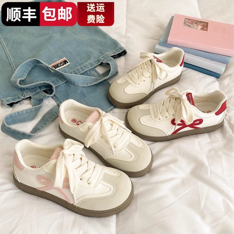 opkll粉色蝴蝶结爆款德训板鞋女2025春夏新款小众圆头运动休闲鞋,女鞋,德训鞋,淘宝优惠券,粉丝福利购,淘宝优惠卷