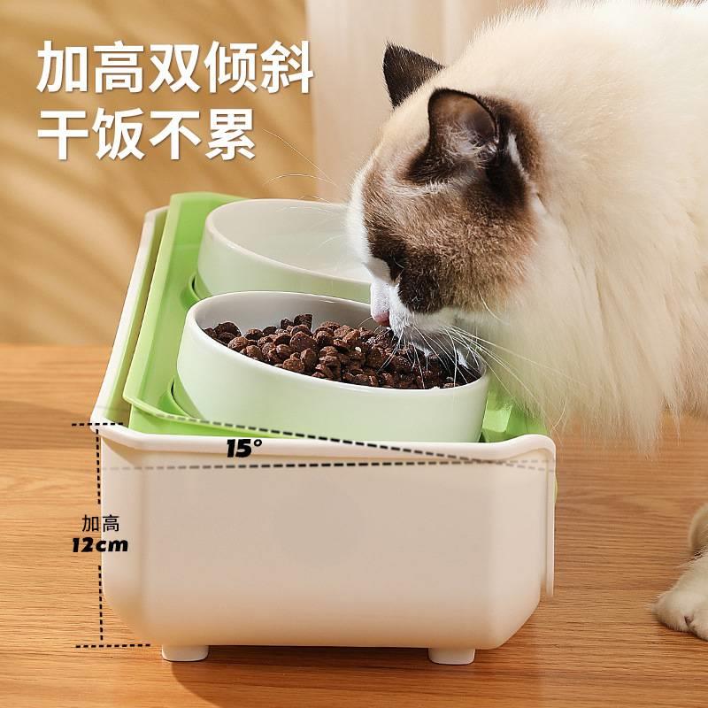 宠物用品猫碗陶瓷双碗斜口猫食盆防打翻狗碗可调节宠物碗