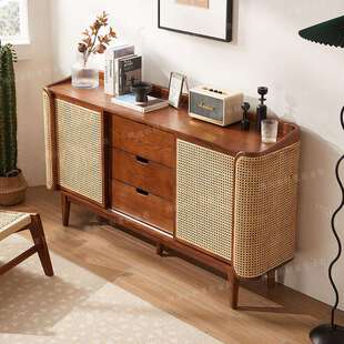 时序边柜 ziihome®实木餐边柜藤编客厅储物柜小户型置物柜茶水柜