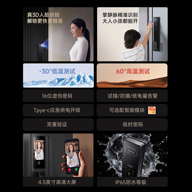 莱森P30入户门全自动人脸识别防水指纹锁别墅铜门防水智能密码锁