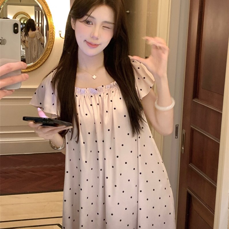 草莓啵啵~冰丝睡裙女夏季甜美波点蕾丝短袖连衣裙家居服睡衣裙子