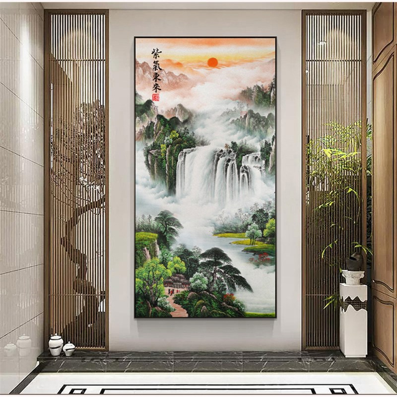 流水生财山水风景画靠山玄关客厅办公室招财风水聚宝盆八方来财画
