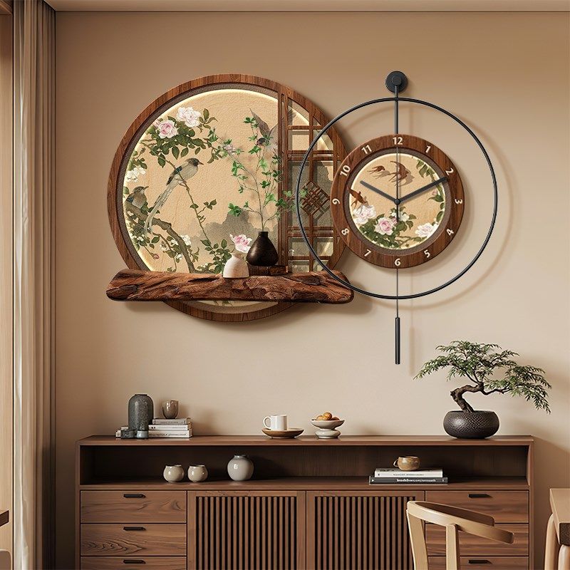新中式餐厅装饰画带挂钟宋代美学花鸟时钟餐桌背景墙挂画古风壁画