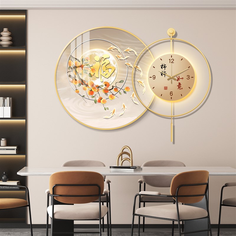 九鱼图led带灯轻奢餐厅装饰画饭厅挂画壁画简约现代高级感带钟表