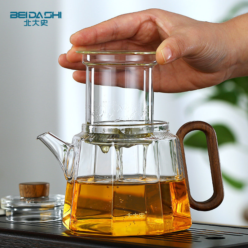 玻璃泡茶壶 电陶炉煮茶 耐热玻璃茶壶花茶八角木把手家用沏茶壶