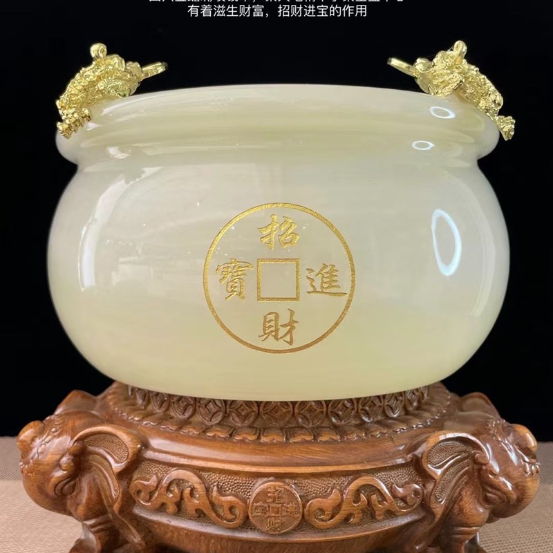 新款20cm天然玉石聚宝盆 家居装饰家居风水摆件招财进宝乔迁礼品