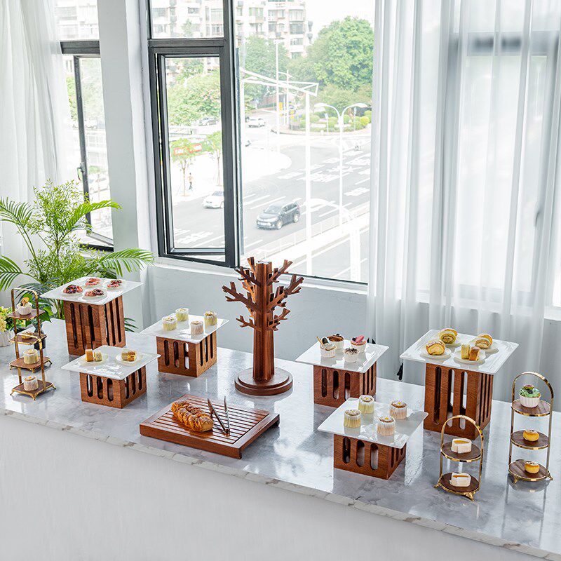 中式甜品台摆件展示架自助餐蛋糕点心架面包托盘冷餐茶歇摆台木质