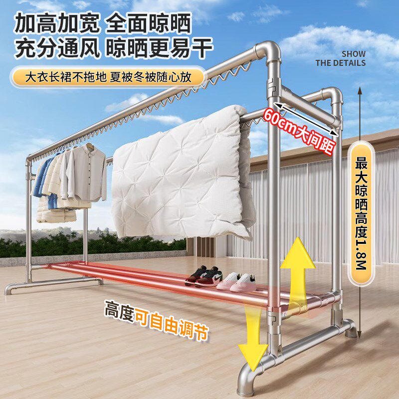 加粗加厚镀锌钢管双杠防风波浪勾晾衣架晒被架多功能阳台晾衣架子