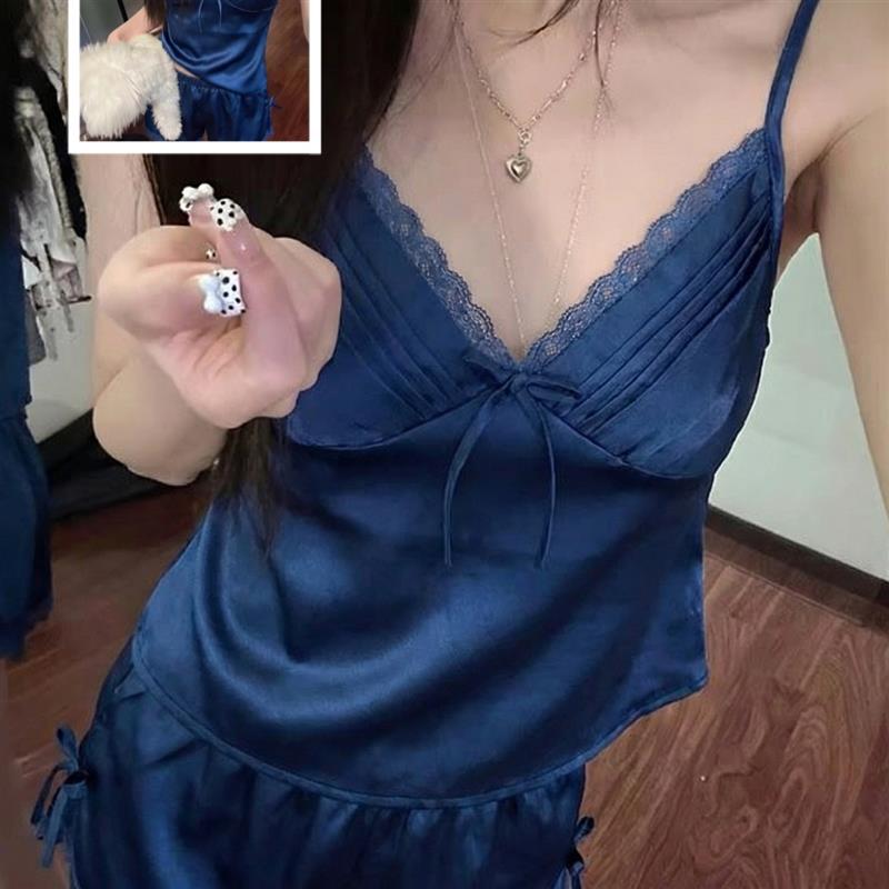 纯欲高级感宝蓝色缎面冰丝睡衣女夏季大码舒适吊带短裤居家服套装