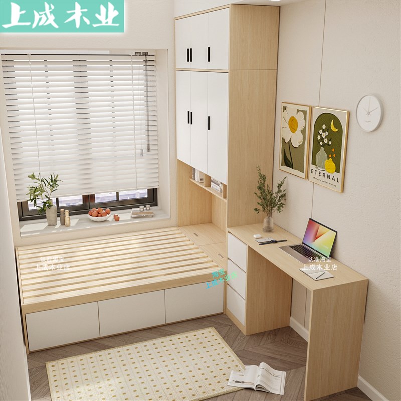 北欧现代小户型衣柜榻榻米床一体家具省空间储物床镂空衣柜床组合