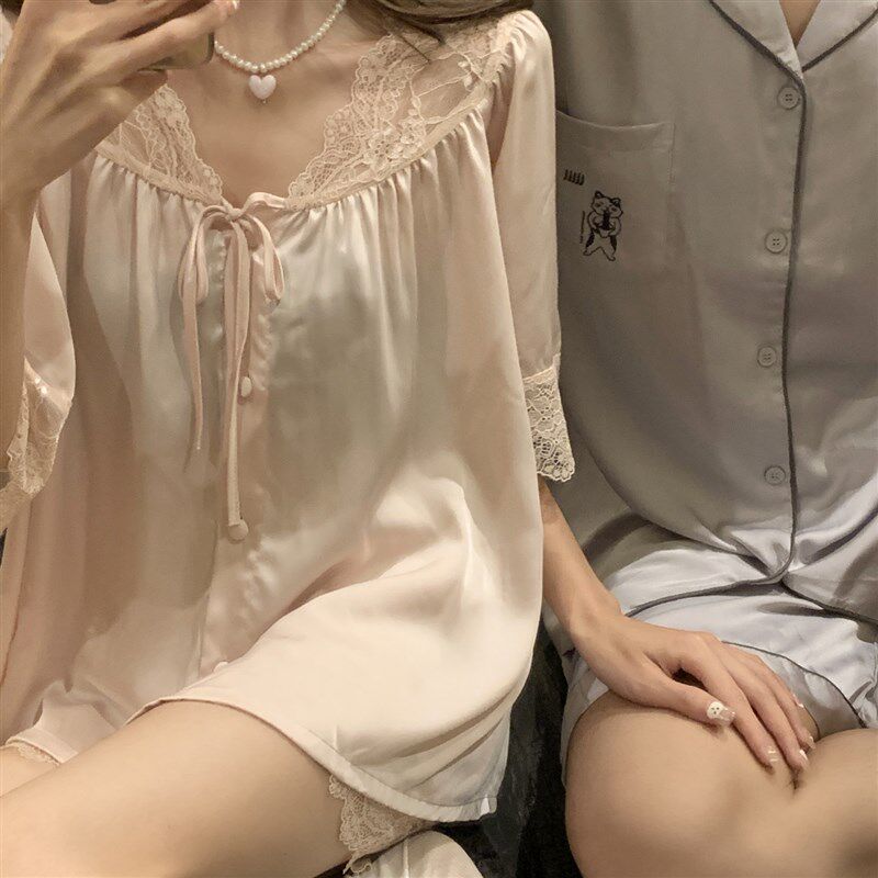 夏莉家 2026夏季女款甜美低V领花边简约男款短袖情侣冰丝睡衣套装