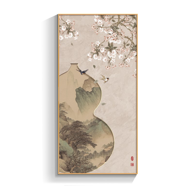 新中式花鸟山水玄关装饰画高级感正对门入户走廊背景墙挂画花瓶画