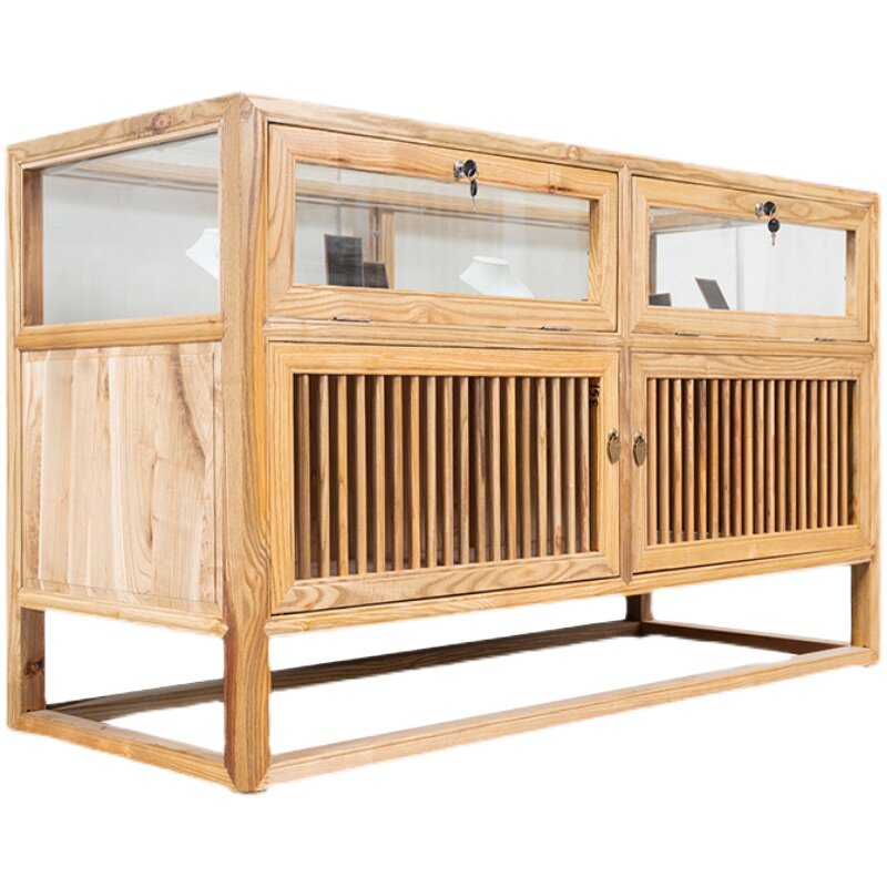 实木珠宝展示柜榆木玻璃展柜玉器首饰精品货架陈列柜中式岛台壁柜