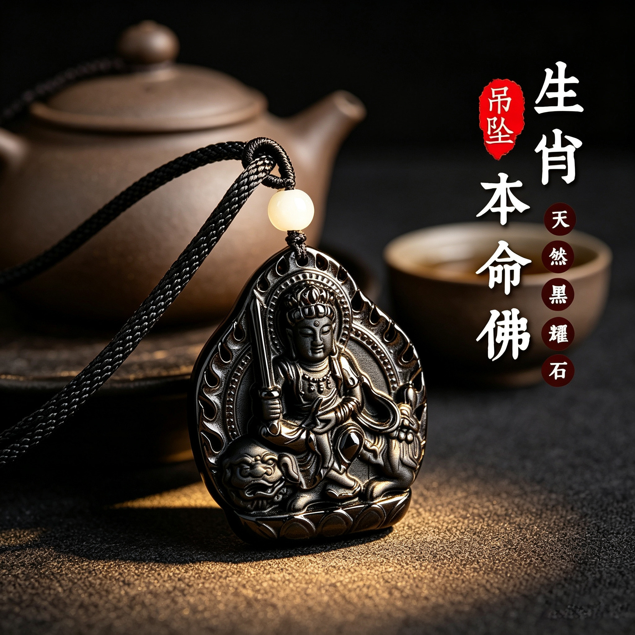 正品天然冰种黑曜石本命佛吊坠男女款本命年转运生肖守护神护身符