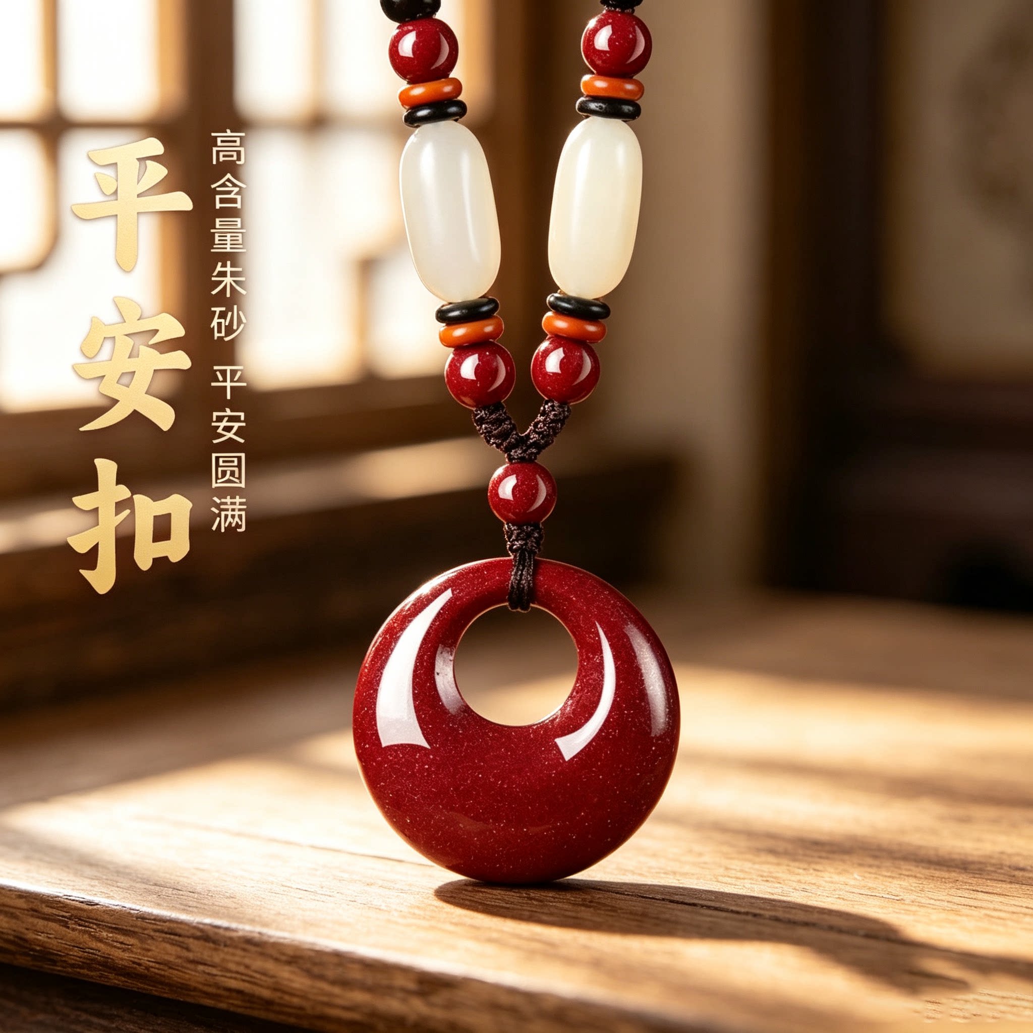 天然朱砂平安扣本命年转运吊坠