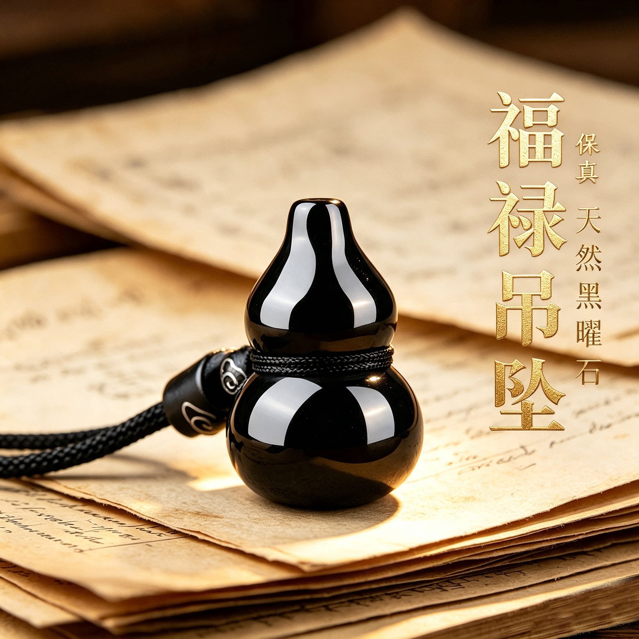 天然黑曜石葫芦本命年转运吊坠