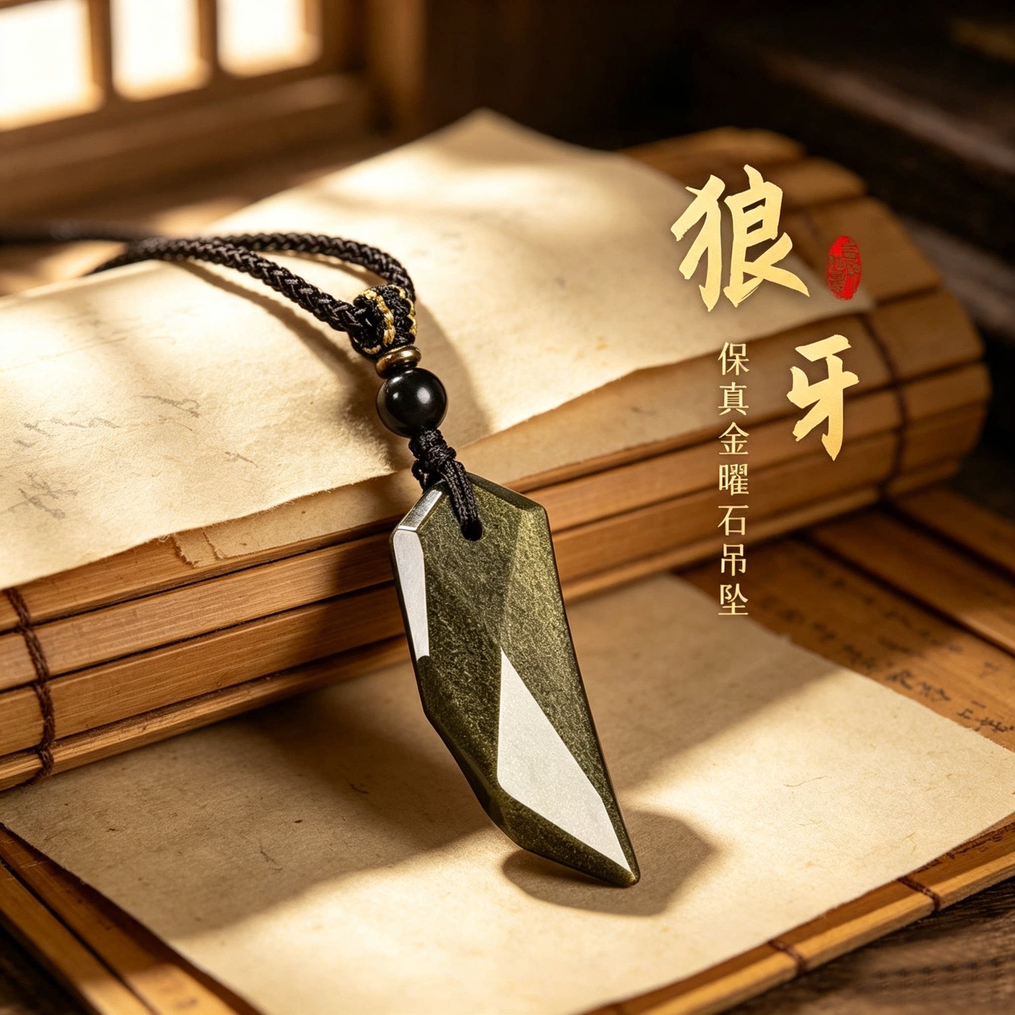 男士黑曜石狼牙本命年转运吊坠
