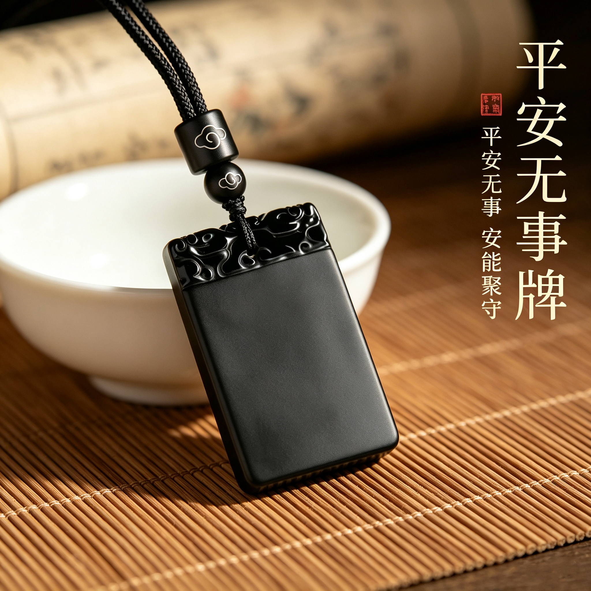 天然黑曜石无事牌吊坠刻字定制