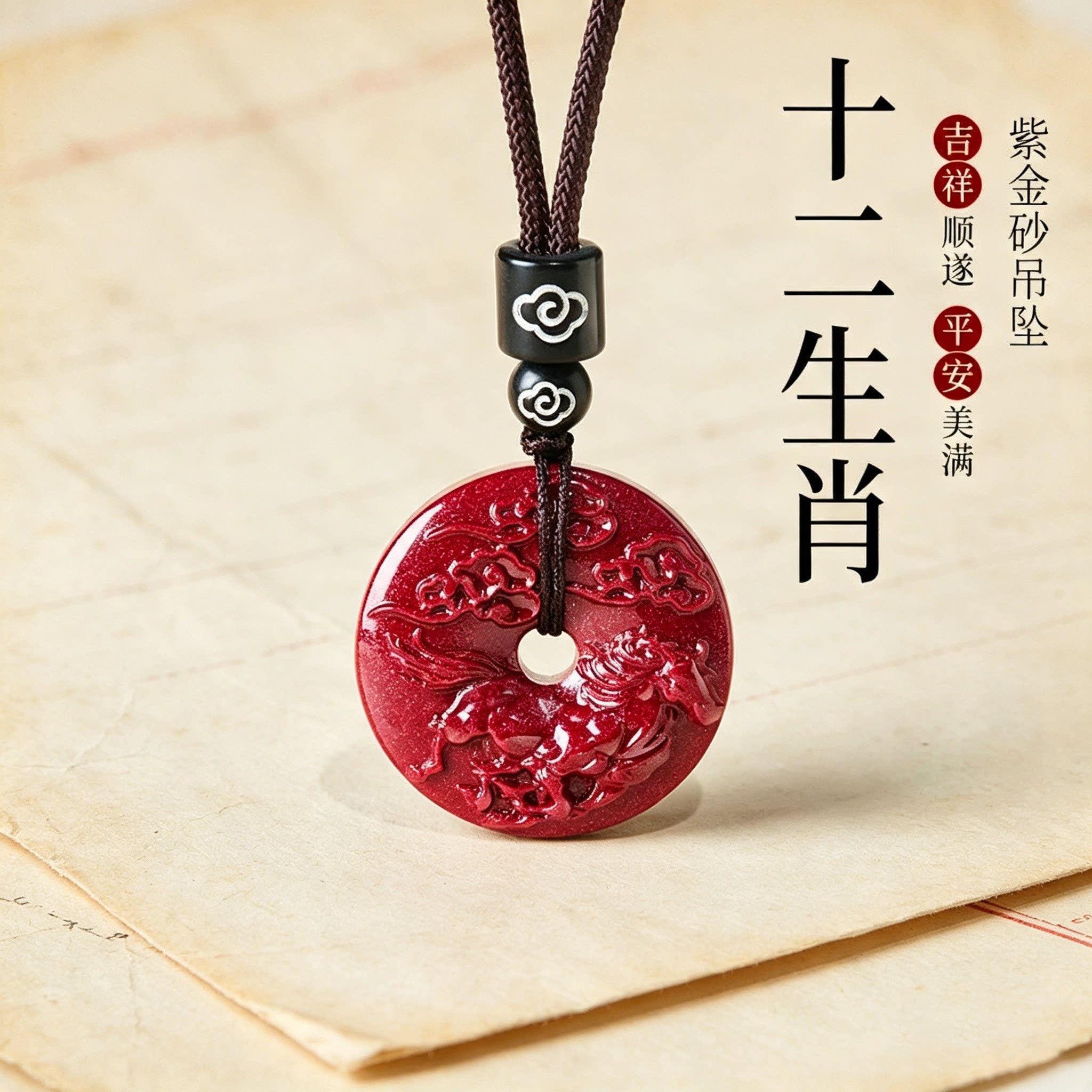 正品天然朱砂本命年生肖平安扣吊