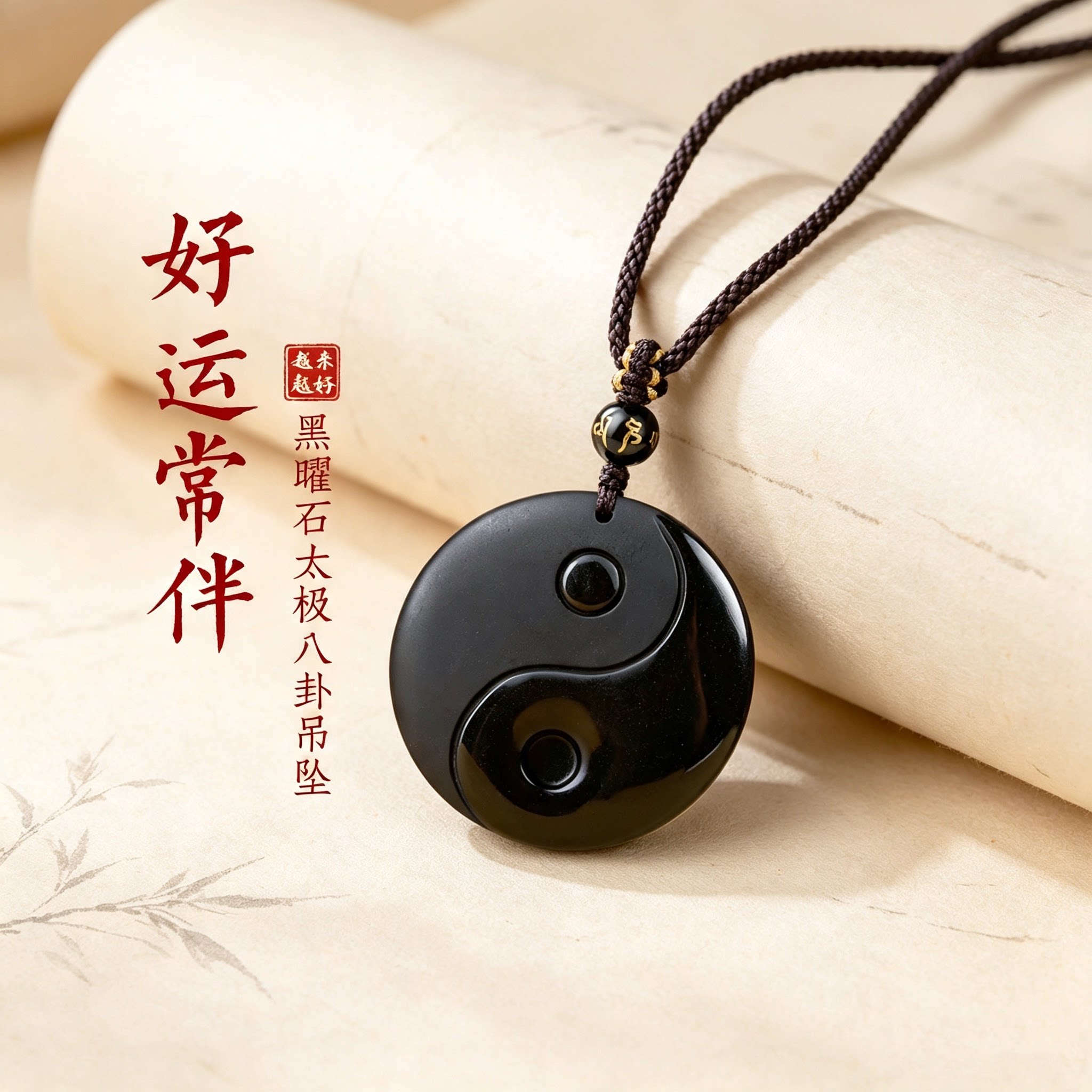 天然乌金黑曜石太极吊坠本命年