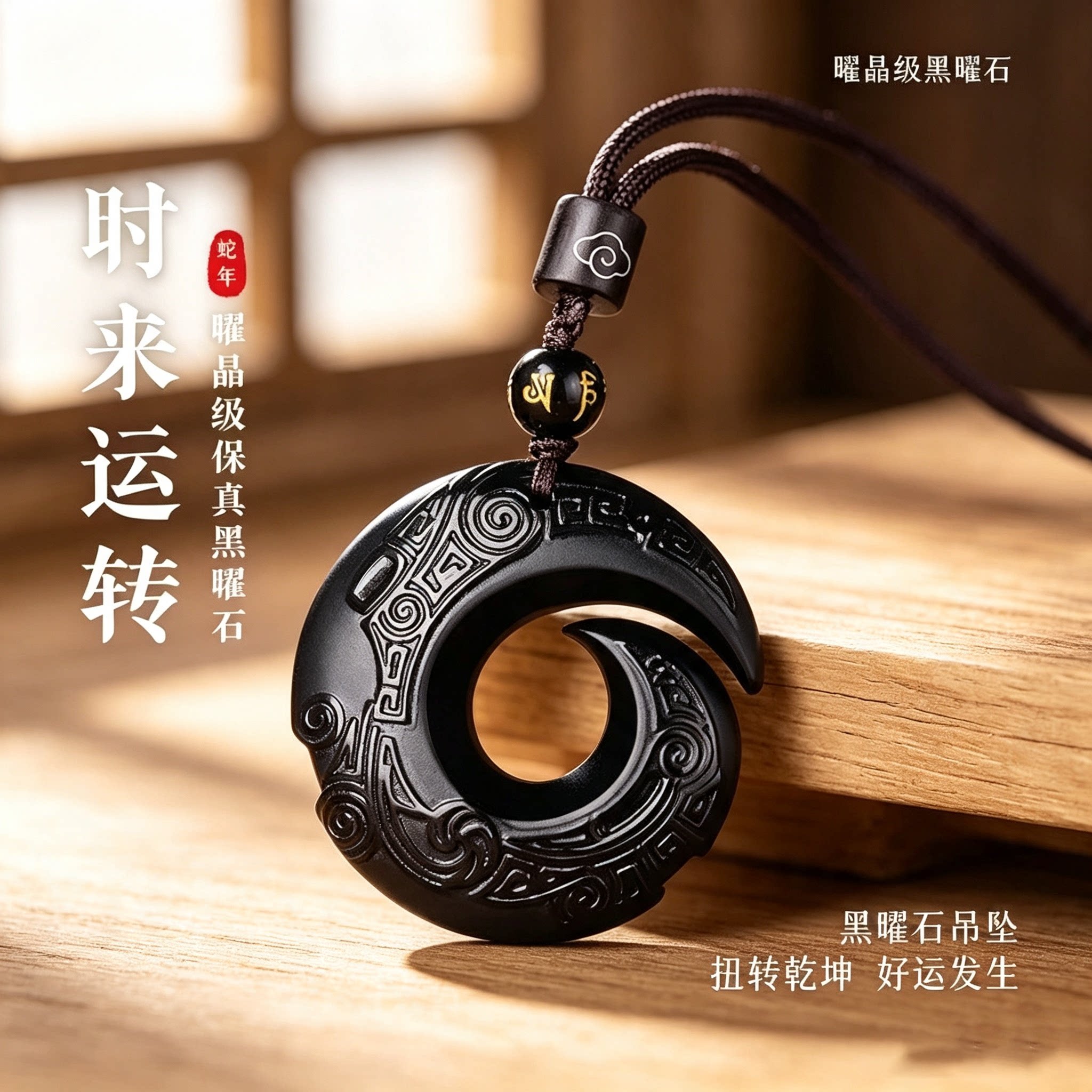 天然黑曜石平安扣时来运转吊坠