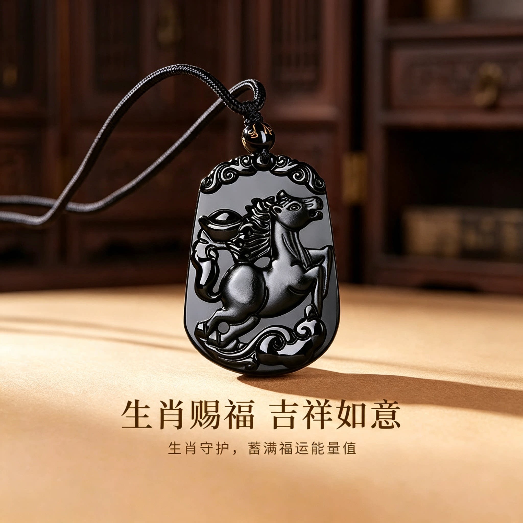 天然黑曜石生肖本命年转运吊坠