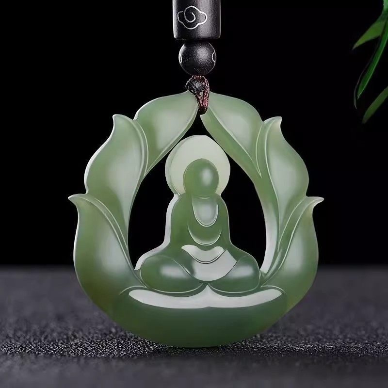 天然青白色玉石无相观音吊坠男玉坠双面玉石悟道观音菩萨玉佩礼物