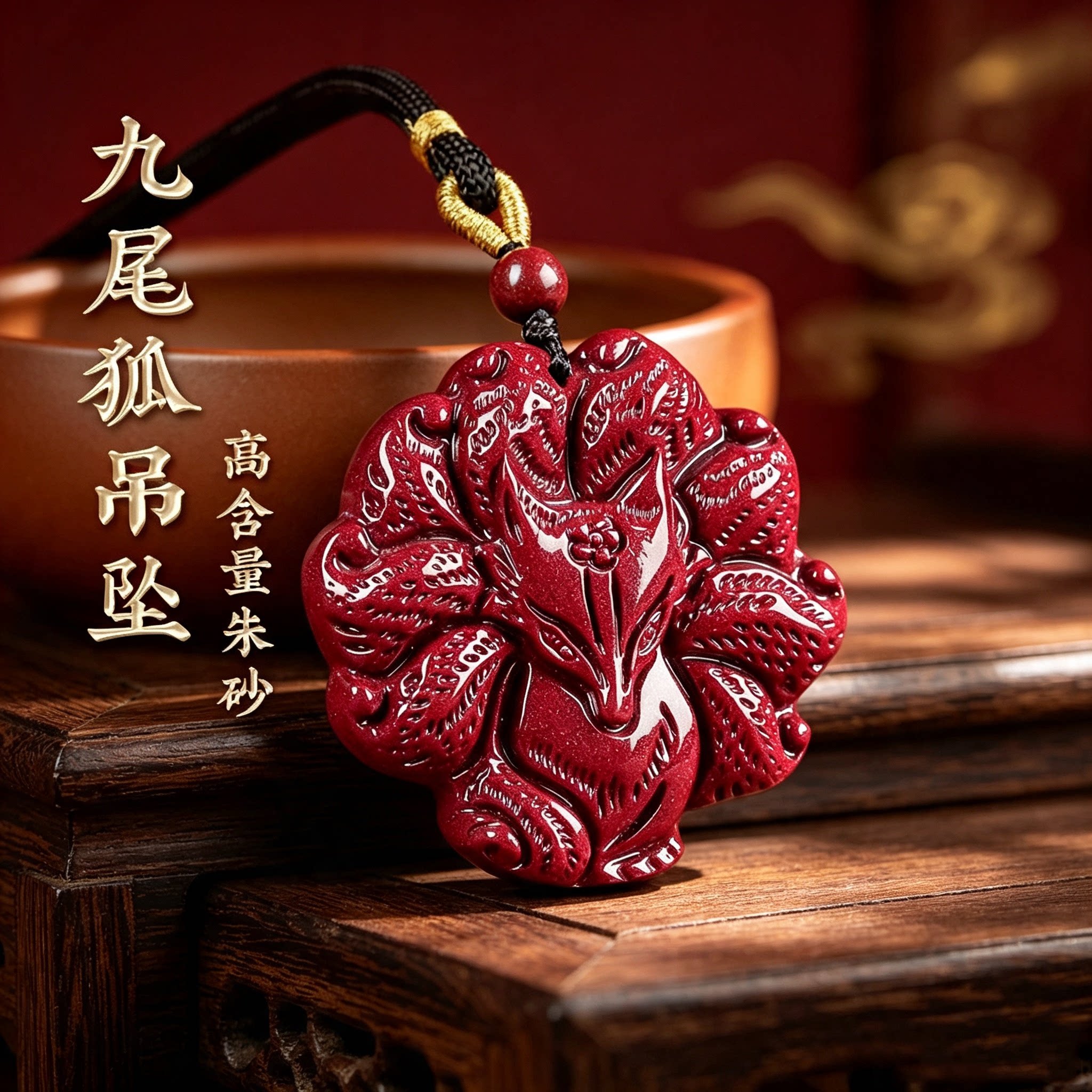 天然朱砂九尾狐本命年转运吊坠