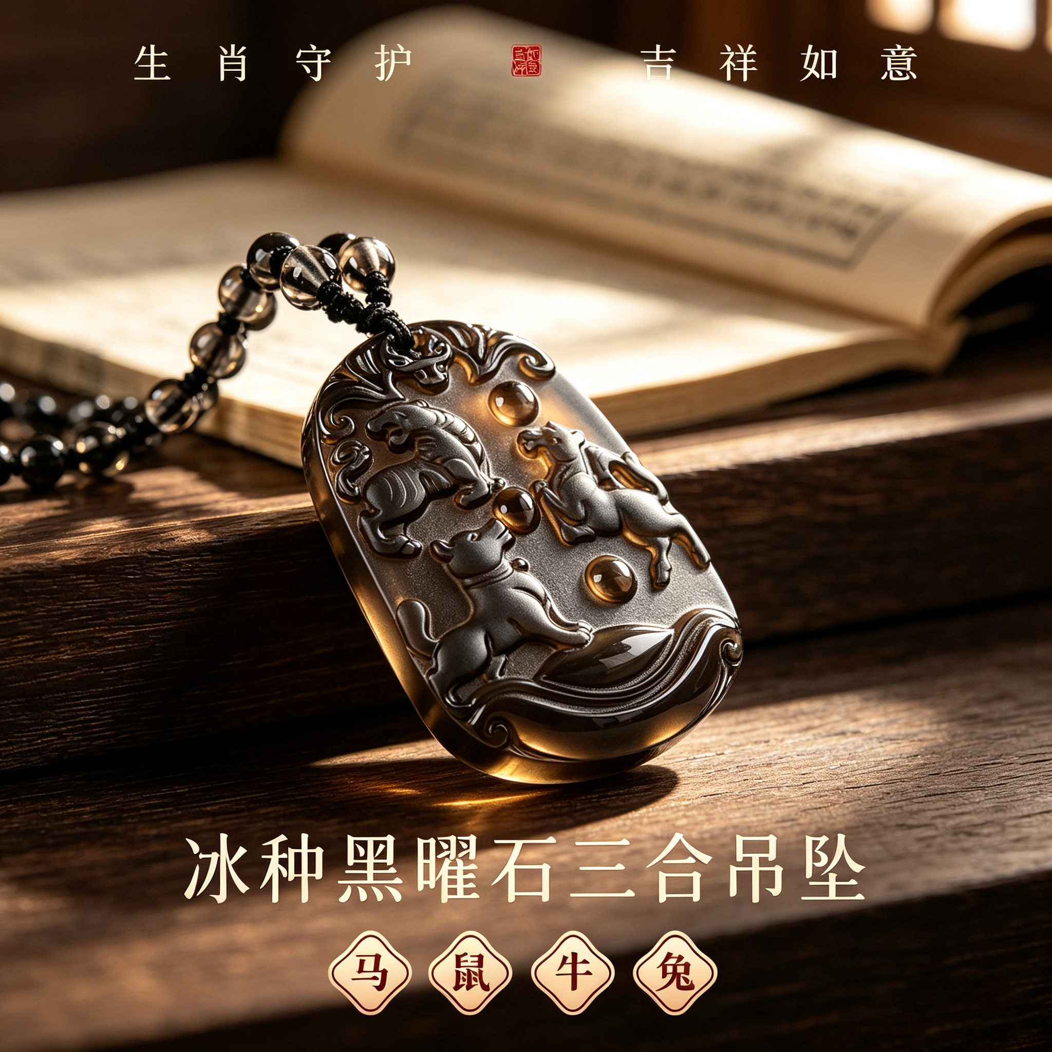 天然黑曜石生肖三合本命年吊坠
