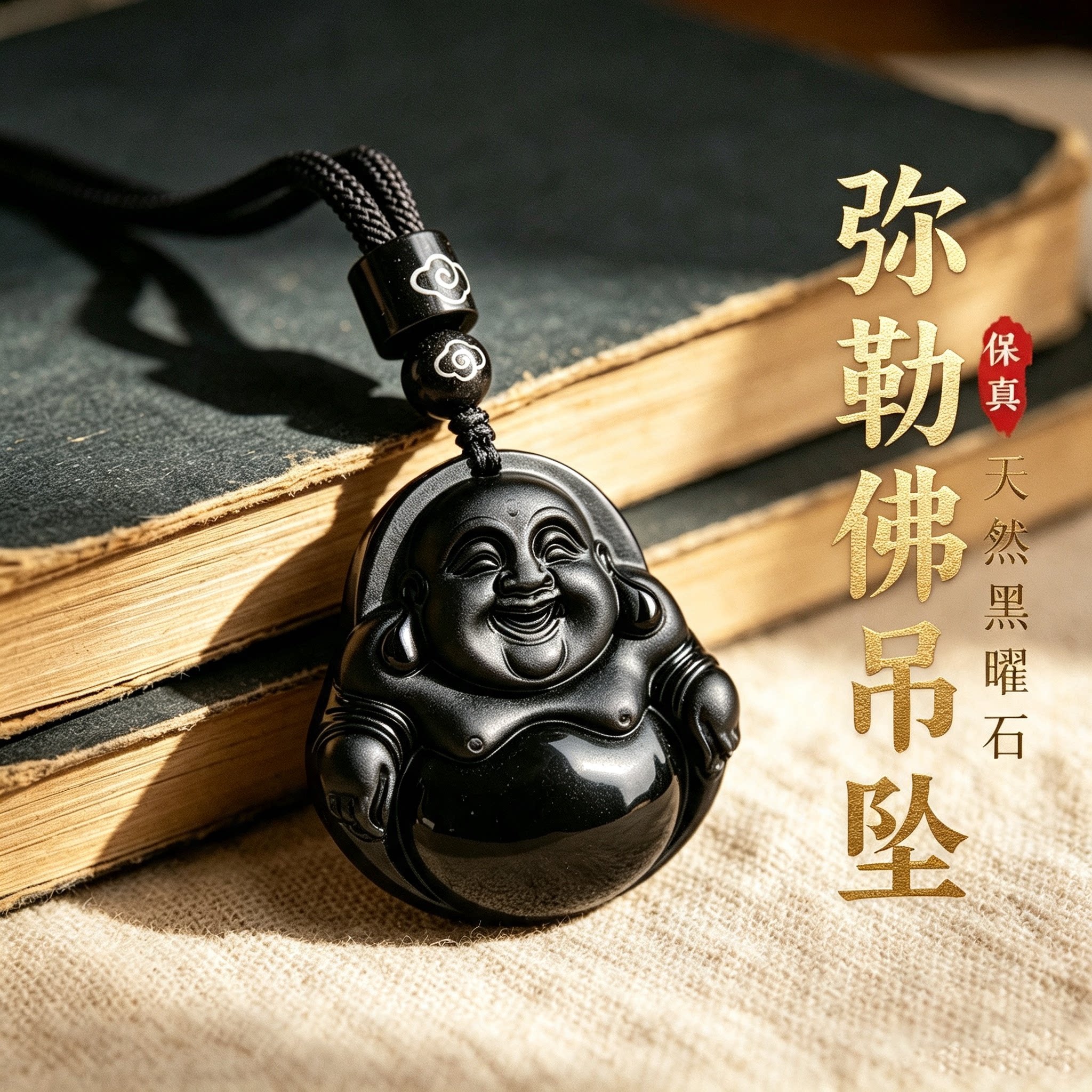 天然黑曜石佛像本命年转运吊坠