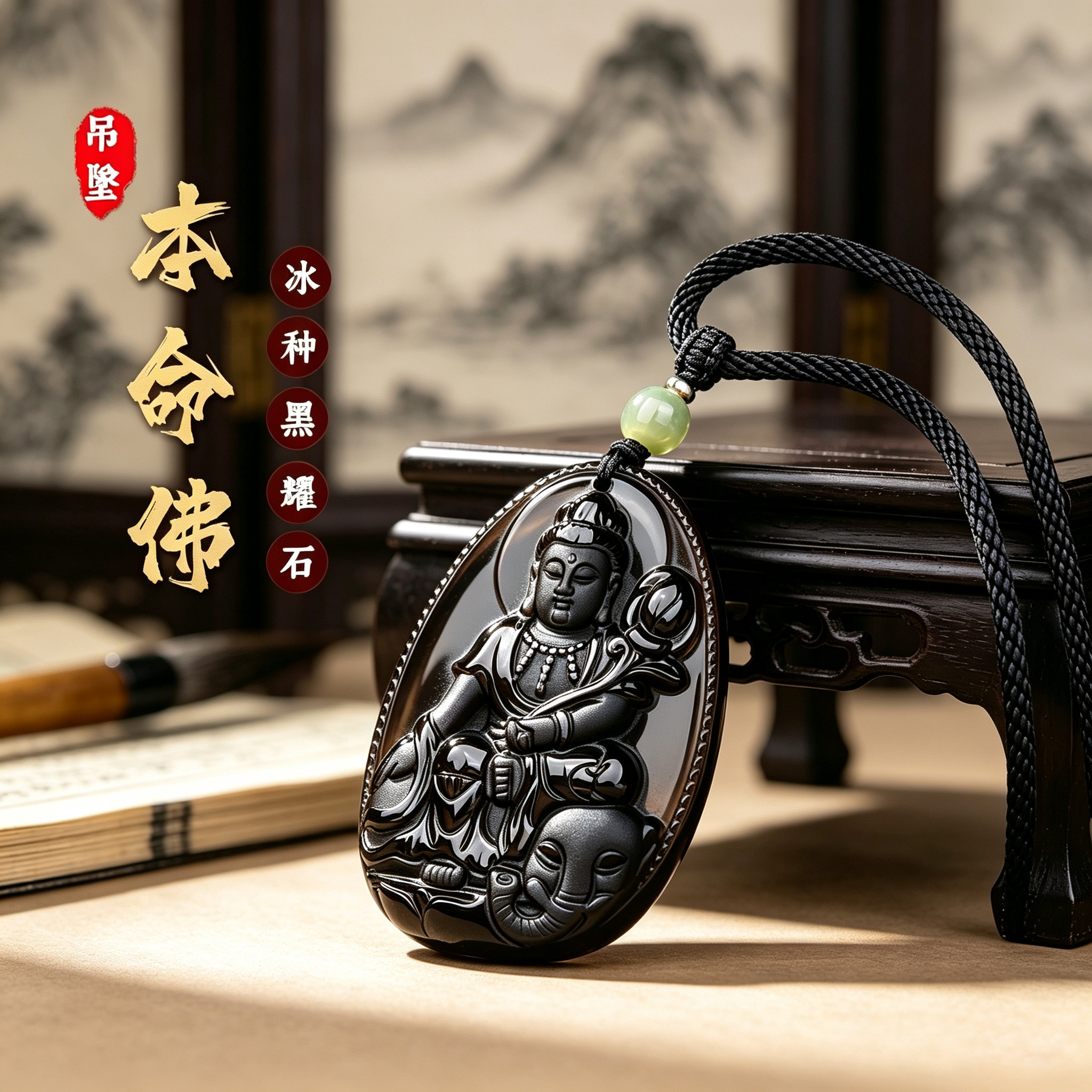 天然冰种黑曜石本命佛转运护身