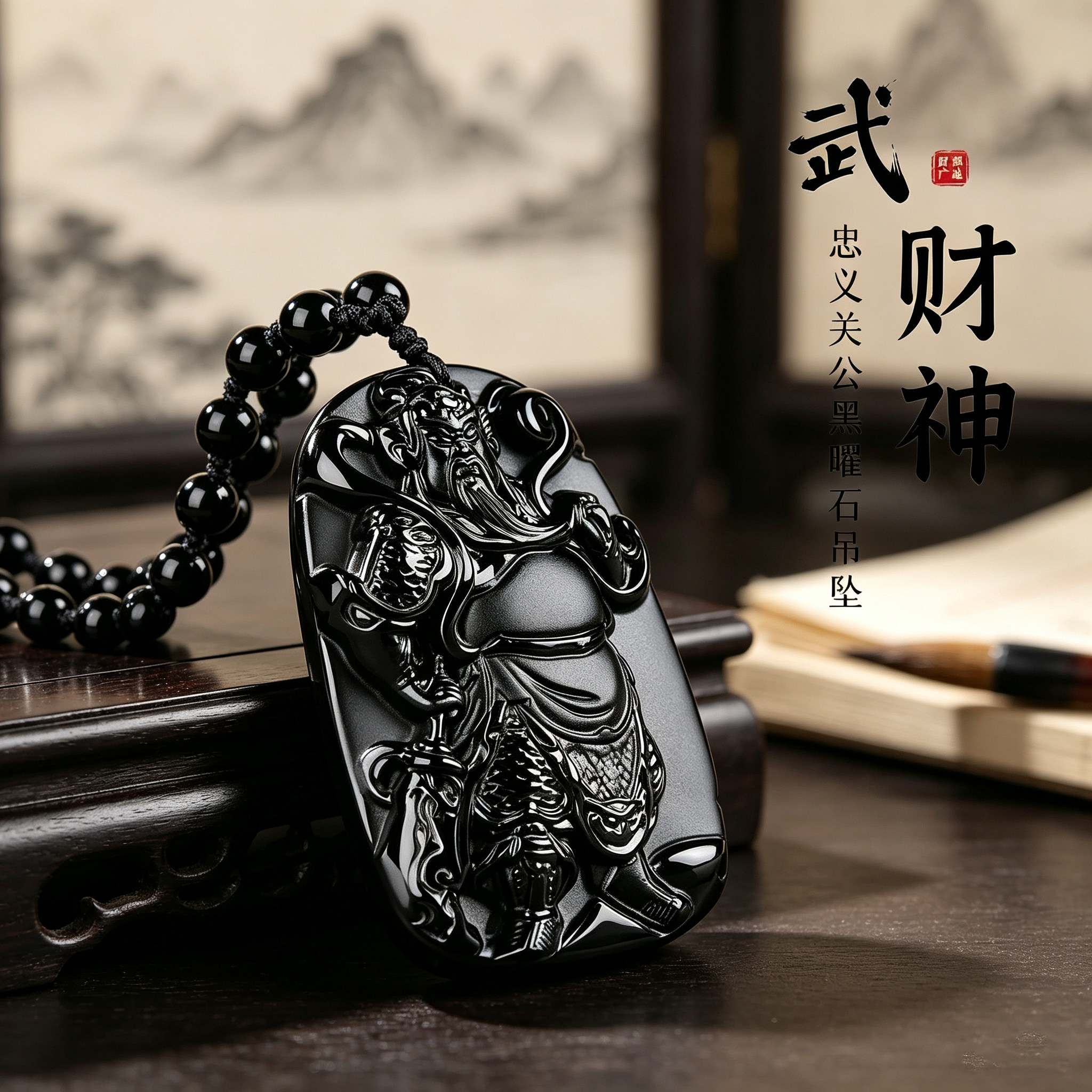 天然黑曜石关公吊坠本命年招财