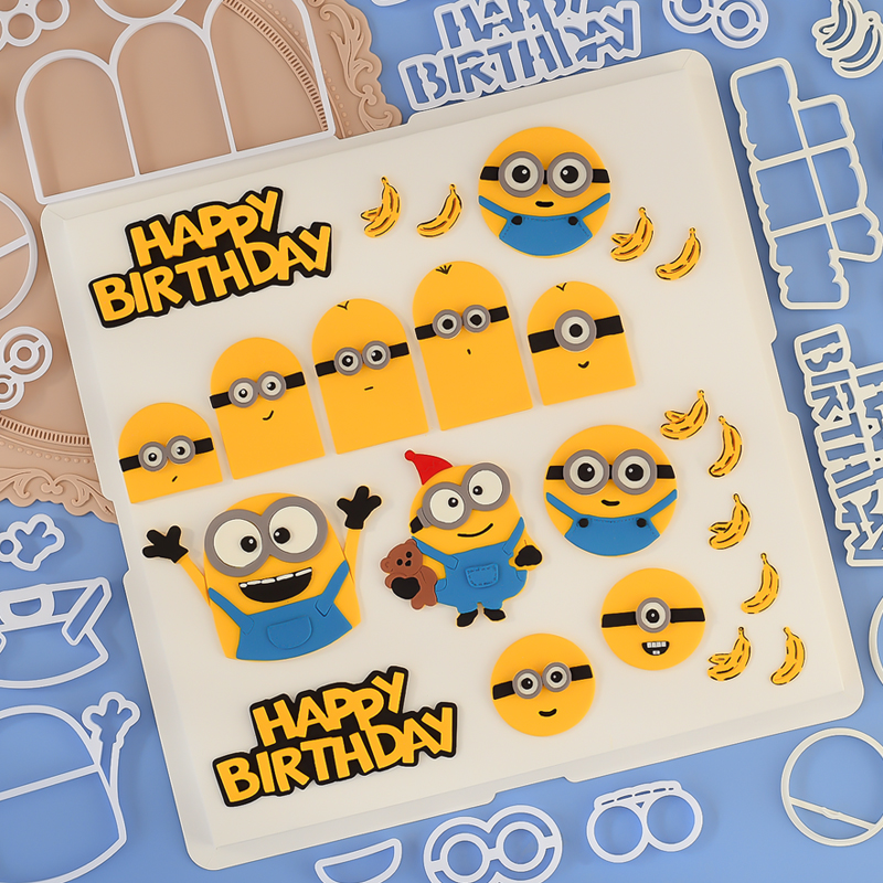 糖堡森林ins风可爱抱熊小黄人翻糖切模卡通生日英文香蕉蛋糕模具