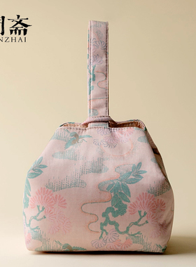 闻斋精致缎面字手腕包松鹤粉庭茶事包女士手提布包旅行茶具收纳包