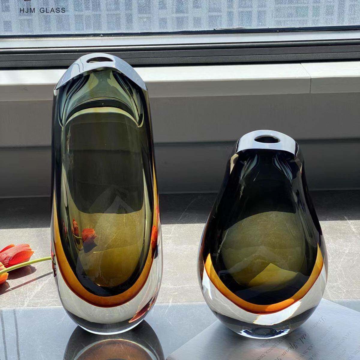 HJM-轻奢极简琉璃花瓶彩色艺术花器客厅样板房插花装饰品创意摆件