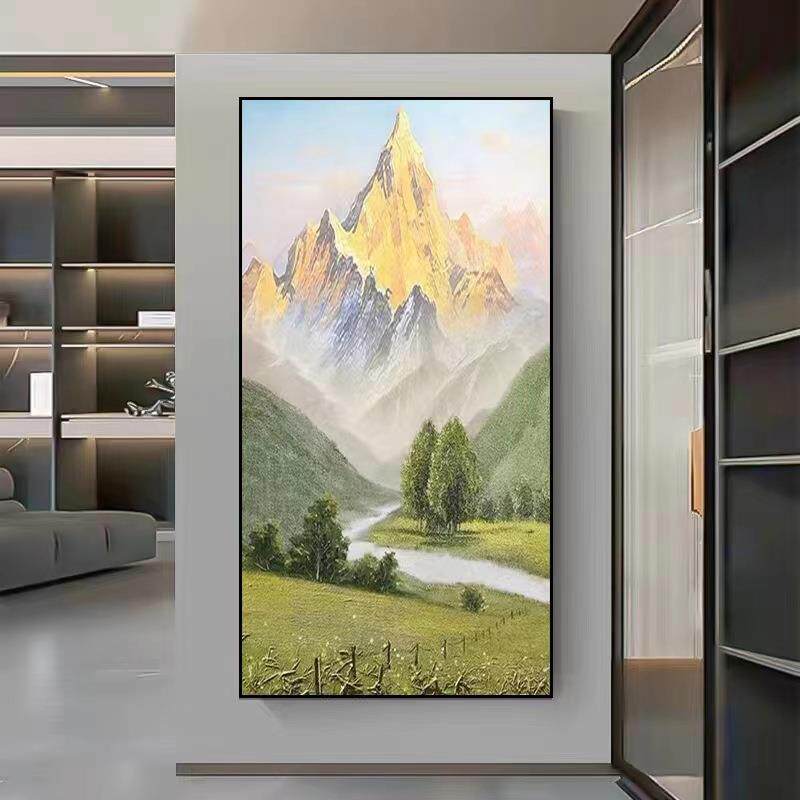 纯手绘日照金山风景油画现代新中式田园客厅玄关竖款装饰画挂壁画