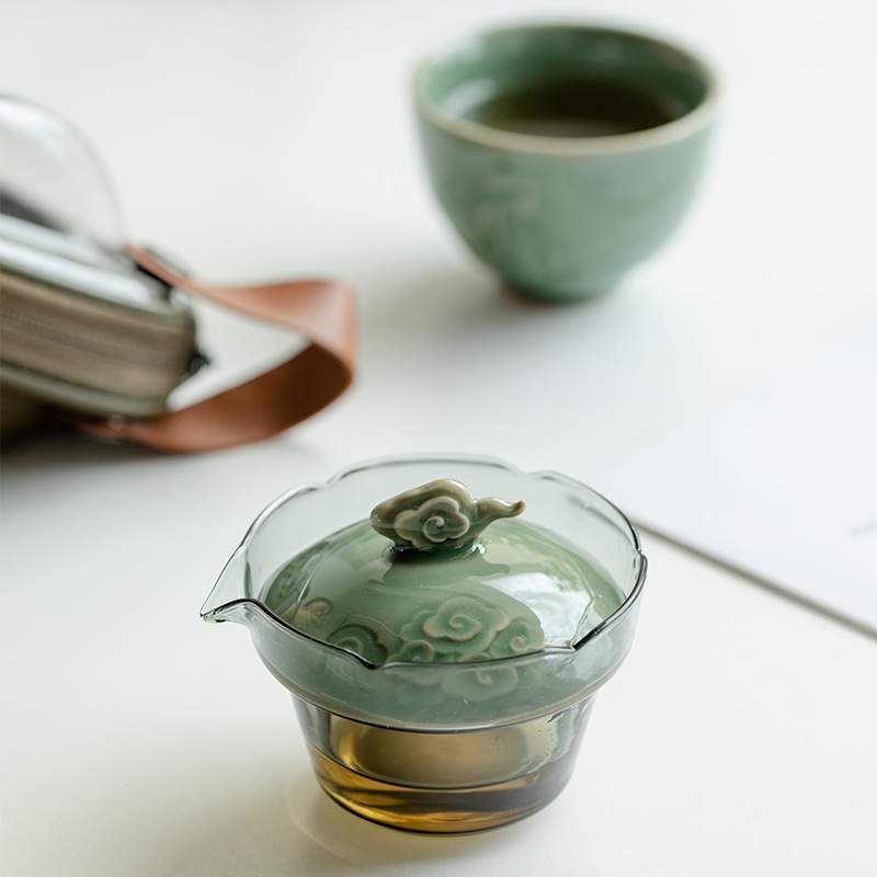 山鼎越窑青瓷祥龙快客杯一壶一杯便携式旅行茶具家用陶瓷套装户外