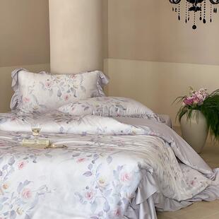 莱赛尔纤维荷叶边花边床品 法式复古天丝数码印花四件套-玉琼枝