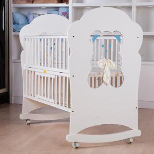 欧式松木镂空可储物宝宝床 儿童哄睡床 可调节高度便携婴儿床