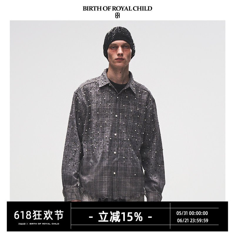 BIRTH OF ROYAL CHILD.BORC 【林俊杰同款】珍珠满钻格纹衬衫男