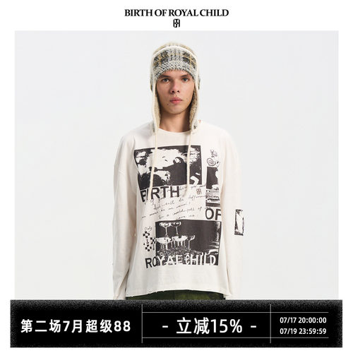 BIRTH OF ROYAL CHILD.BORC 【张峻豪同款】海报贴布长袖T恤做旧