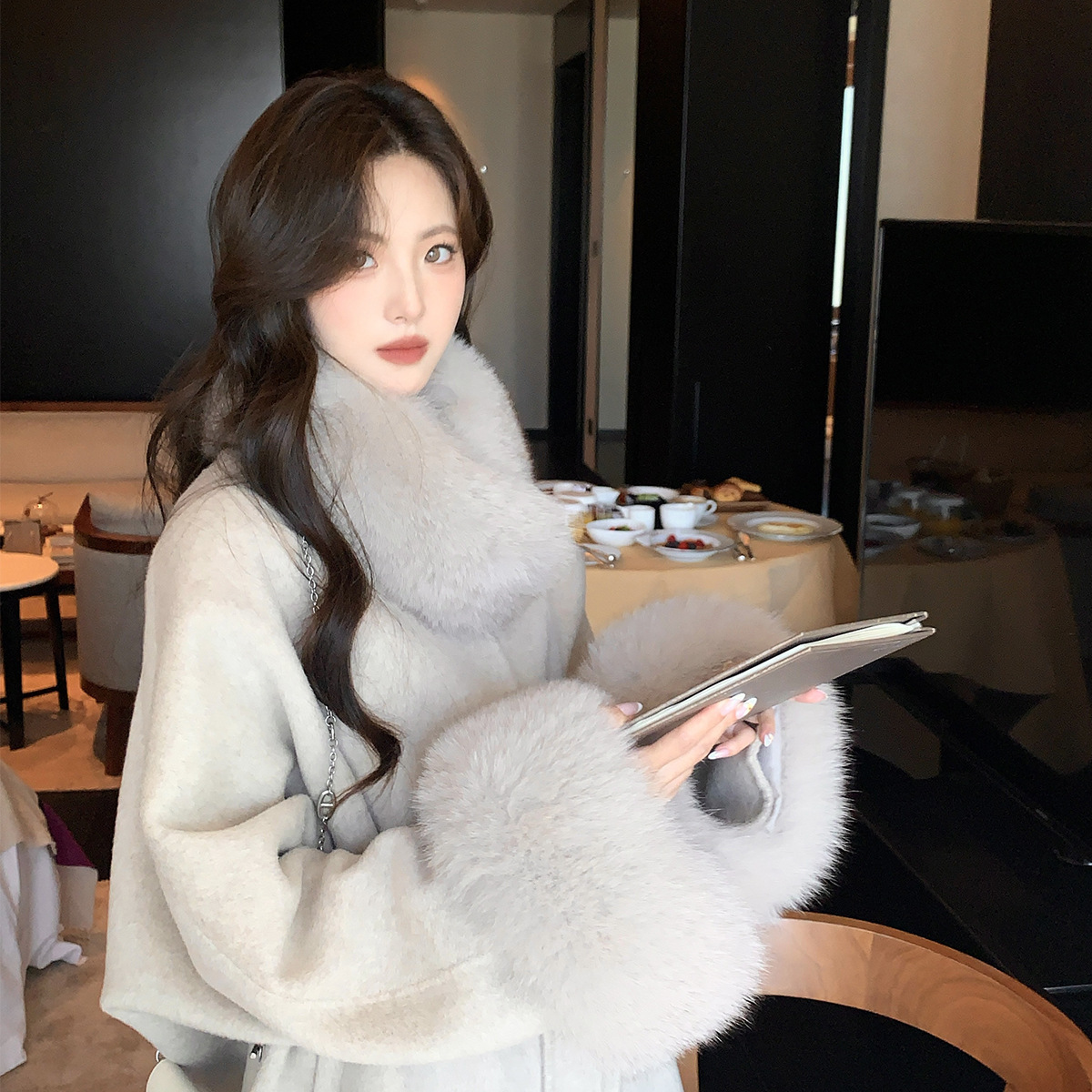 南山乔木2025秋冬新款大衣双面羊绒狐狸毛领千金风毛呢子外套