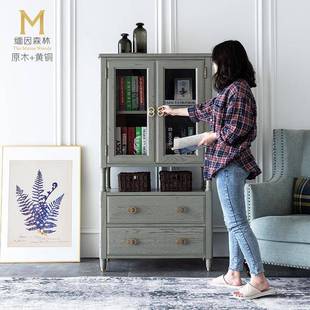 实木全实木双开门酒柜储物收纳客厅边柜组合灰色玻璃高低柜子 美式