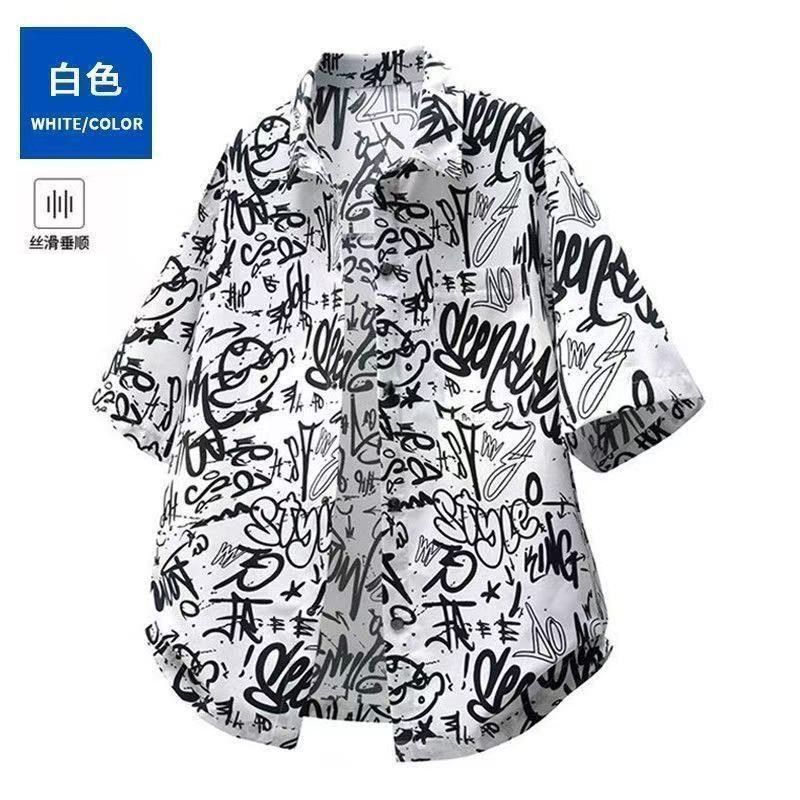 夏天外套男时尚漫画风涂鸦印花衬衫男短袖潮流休闲帅气百搭薄衬衣