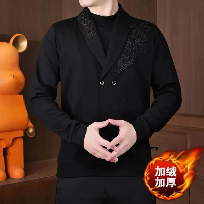 抖麦空男装男士冬季纽扣假两件长袖刺绣时尚加C绒加厚卫衣套头百