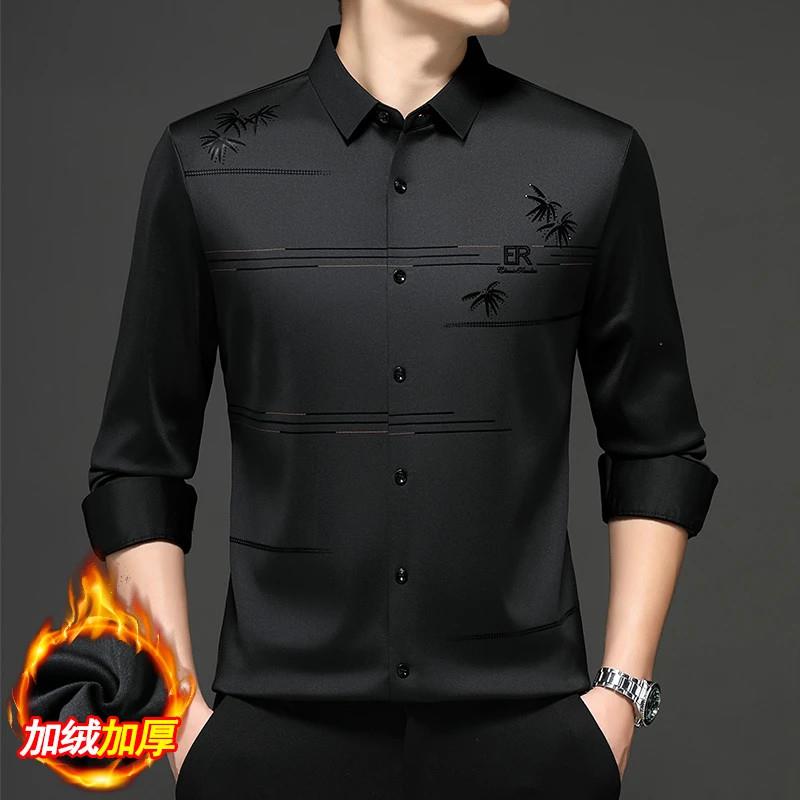 豹变男装秋冬翻领V提I花宽松型长袖无痕加绒衬衫男装宽松修身